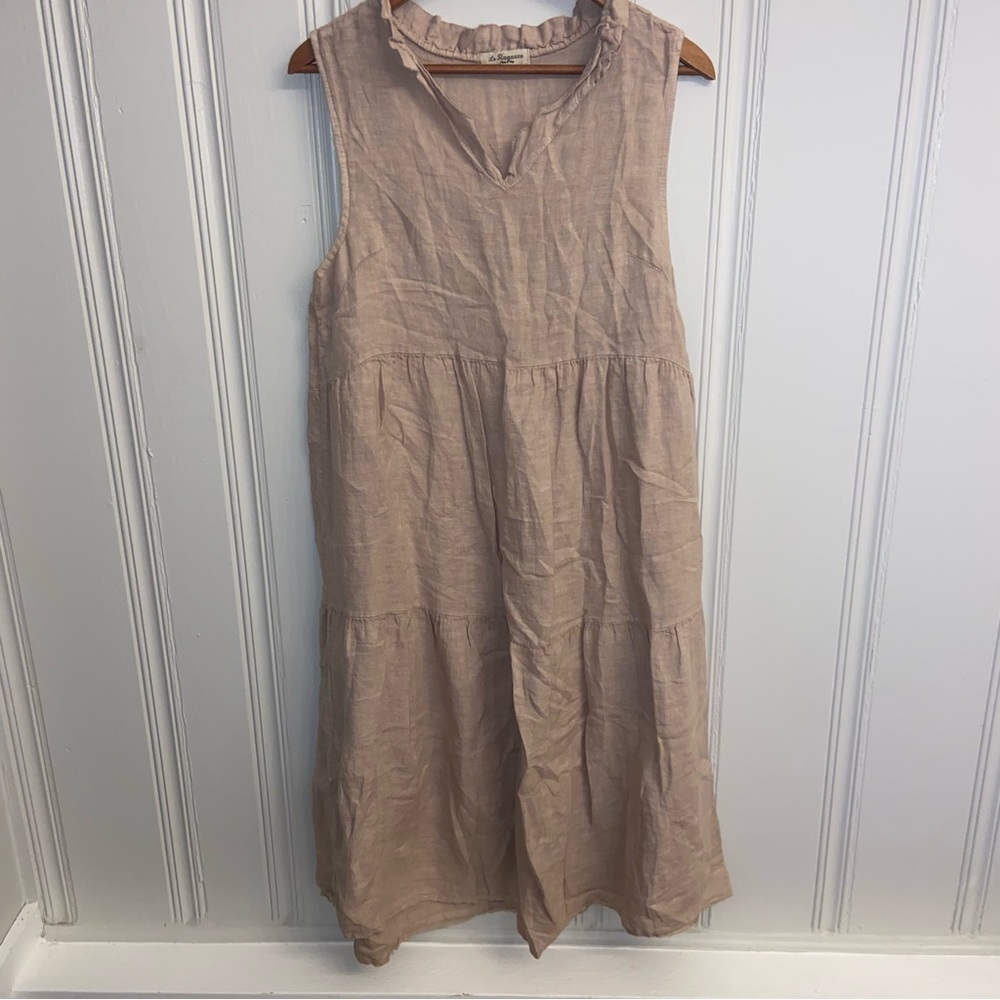Tan Italian Linen women’s small shift Dress natural, minimalist, comfort coastal